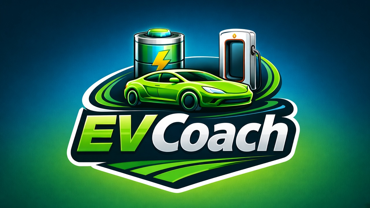 EVCoach – Elektromobil Coaching Logo mit E-Auto, Batterie und Ladesäule
